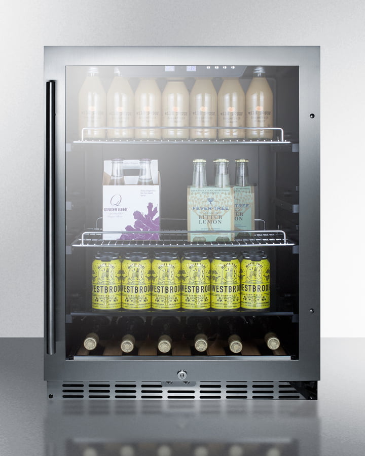 Summit SCR2466CSS Built-In Undercounter Beverage Refrigerator With Seamless Trimmed Glass Door, Digital Controls, Lock, And Stainless Steel Cabinet