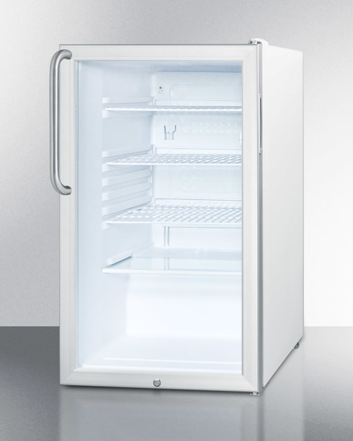 Summit SCR450L7TB Commercially Listed 20" Wide Glass Door All-Refrigerator For Freestanding Use, Auto Defrost With A Lock, White Cabinet, And Pro Towel Bar Handle