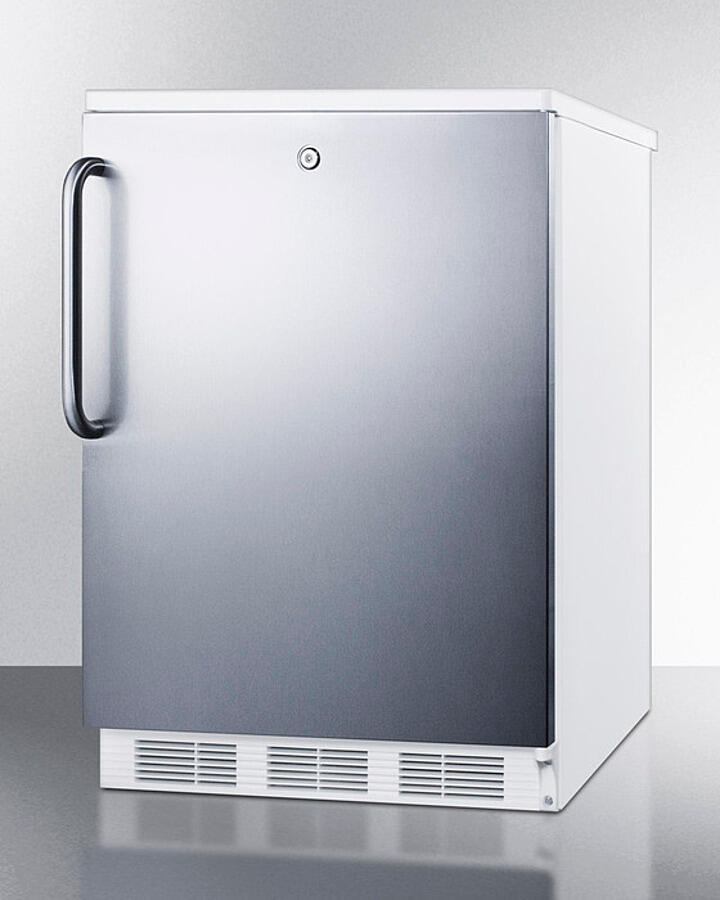 Summit FF6LW7SSTB Commercially Listed Freestanding All-Refrigerator For General Purpose Use, Auto Defrost W/Lock, Ss Wrapped Door, Towel Bar Handle, And White Cabinet