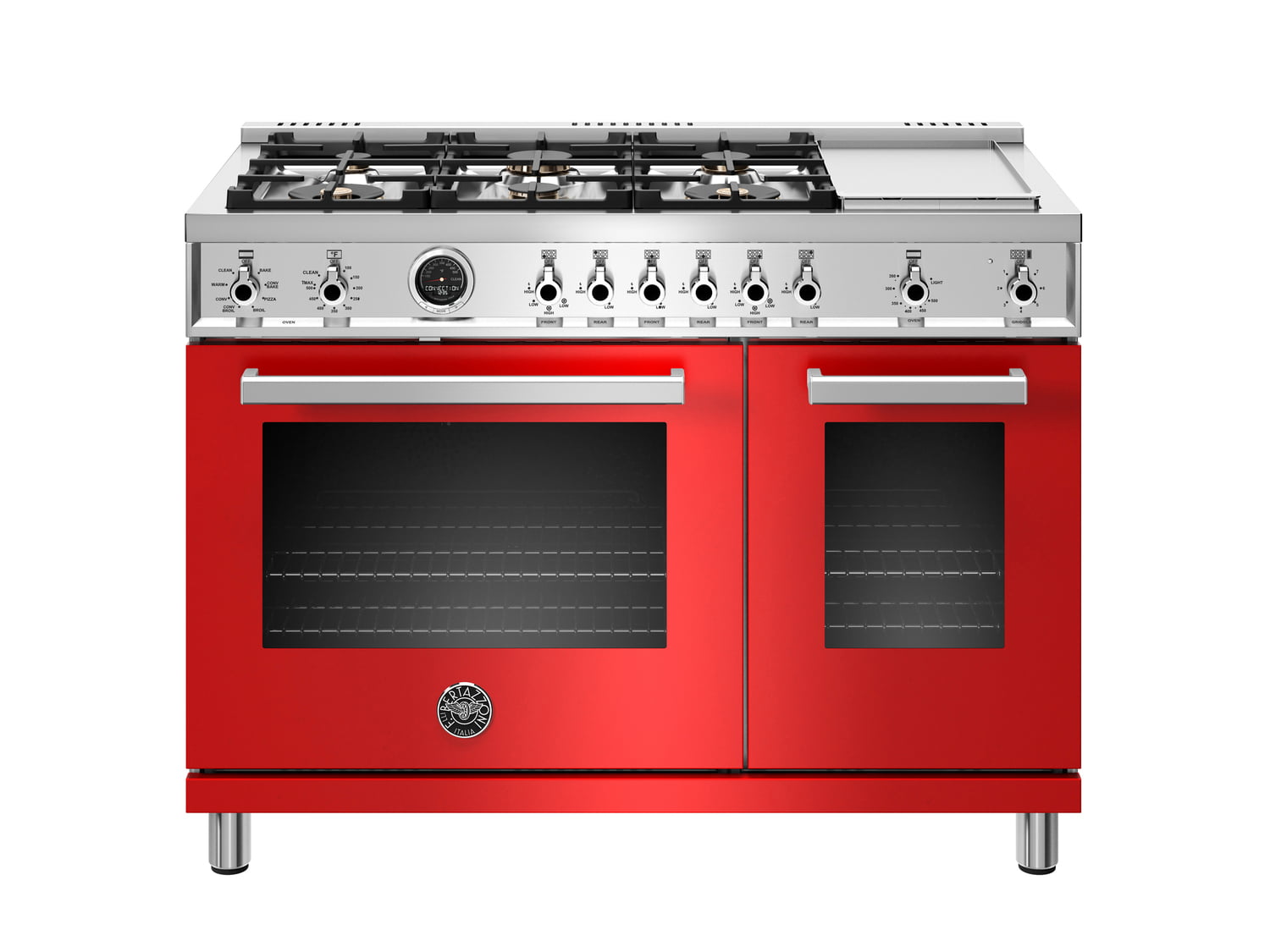 Bertazzoni PROF486GDFSROT 48 Inch Dual Fuel Range, 6 Brass Burners And Griddle , Electric Self Clean Oven Rosso