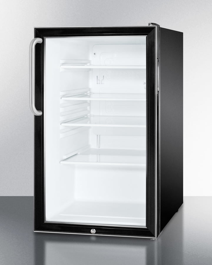 Summit SCR500BLBI7TBADA Commercially Listed Ada Compliant 20" Wide Glass Door All-Refrigerator For Built-In Use, Auto Defrost With A Lock, Towel Bar Handle And Black Cabinet
