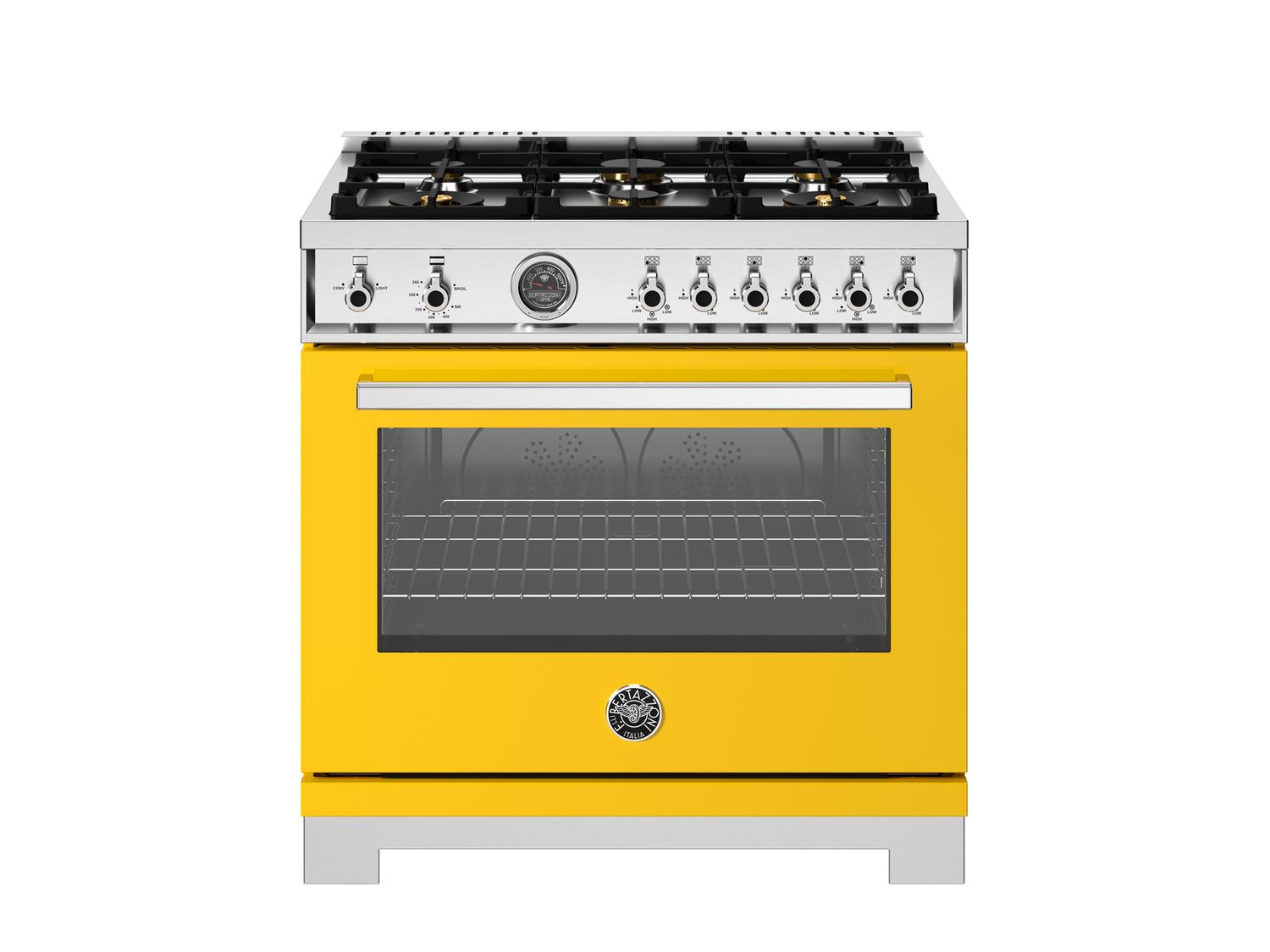 Bertazzoni PRO366BCFGMGIT 36 Inch All Gas Range, 6 Brass Burners And Cast Iron Griddle Giallo