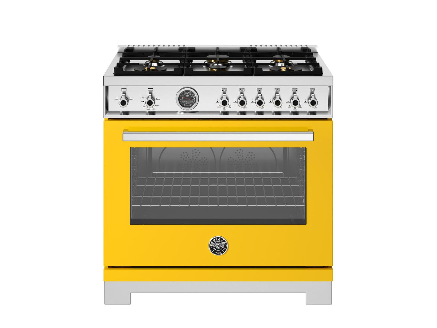 Bertazzoni PRO366BCFGMGIT 36 Inch All Gas Range, 6 Brass Burners And Cast Iron Griddle Giallo