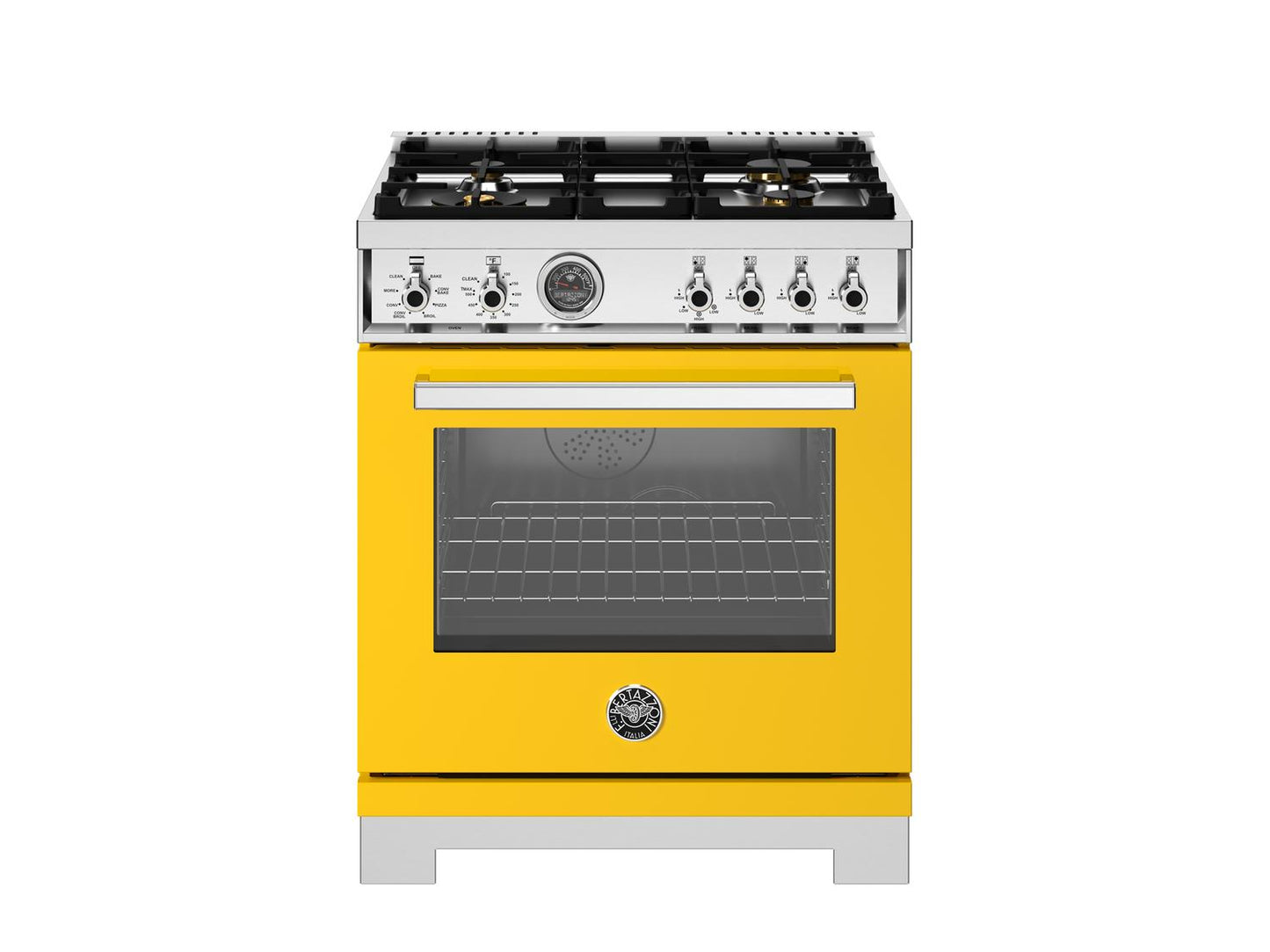 Bertazzoni PRO304BFEPGIT 30 Inch Dual Fuel Range, 4 Brass Burners, Electric Self-Clean Oven Giallo
