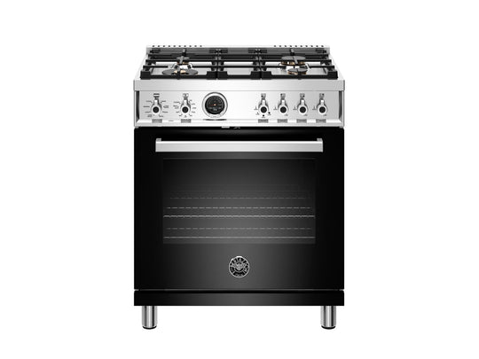 Bertazzoni PROF304DFSNET 30 Inch Dual Fuel Range, 4 Brass Burner, Electric Self-Clean Oven Nero