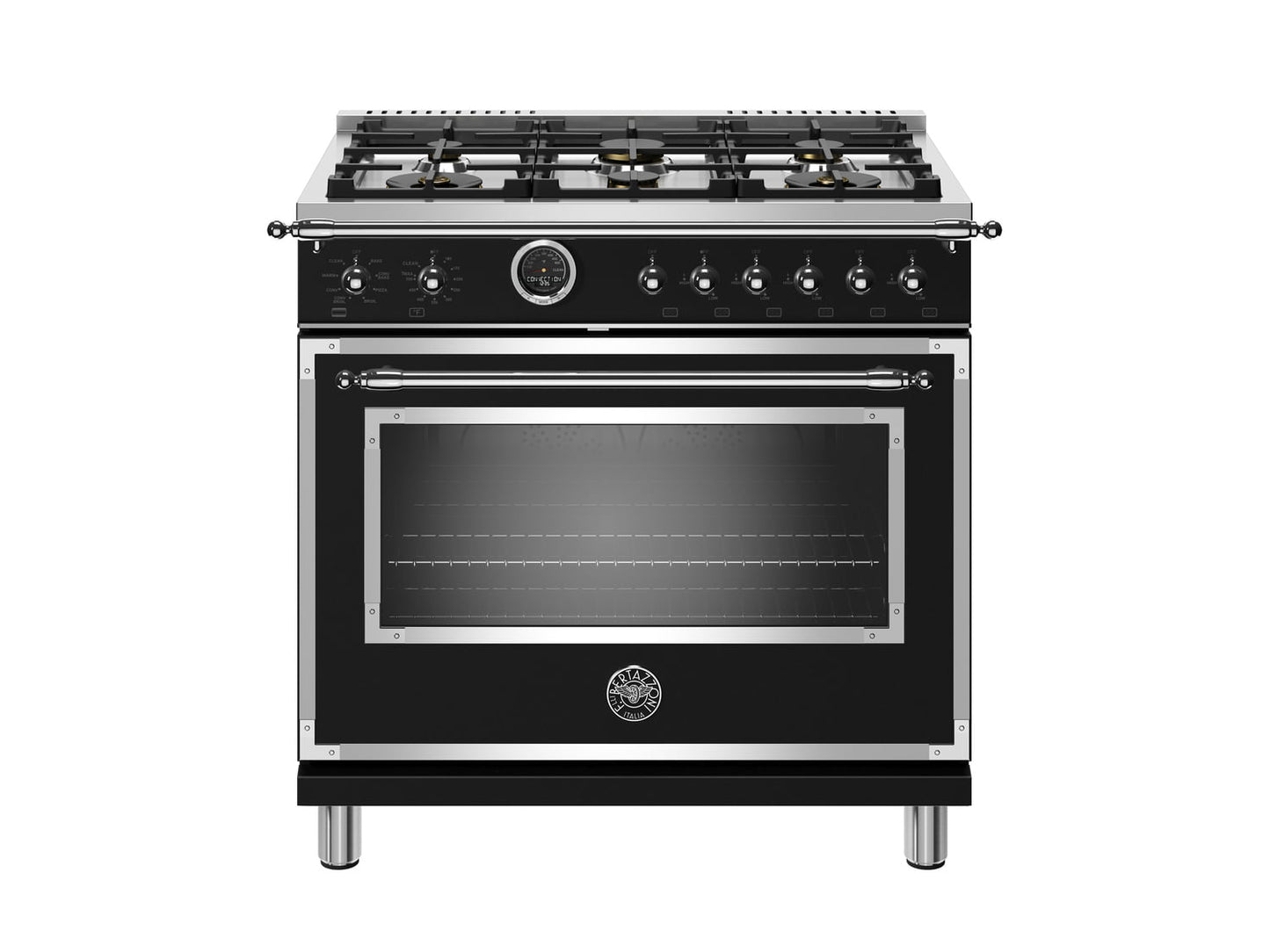 Bertazzoni HERT366DFSNET 36 Inch Dual Fuel Range, 6 Brass Burner, Electric Self-Clean Black