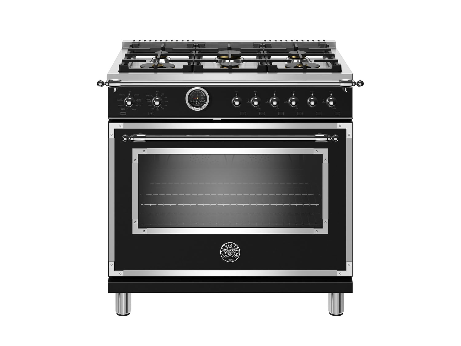 Bertazzoni HERT366DFSNET 36 Inch Dual Fuel Range, 6 Brass Burner, Electric Self-Clean Black