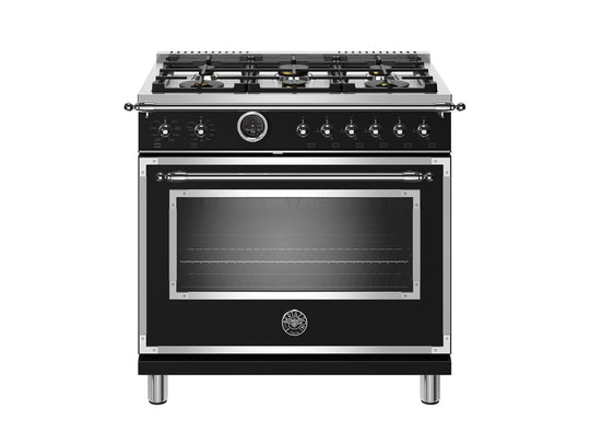 Bertazzoni HERT366DFSNET 36 Inch Dual Fuel Range, 6 Brass Burner, Electric Self-Clean Black