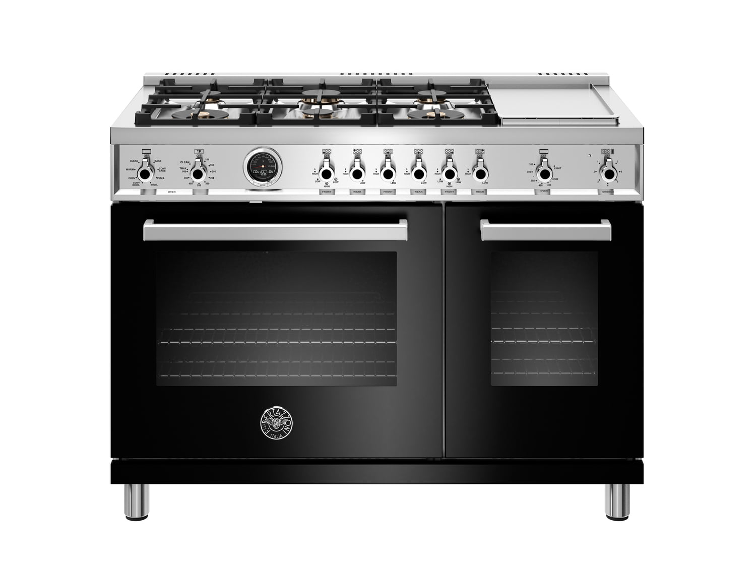 Bertazzoni PROF486GDFSNET 48 Inch Dual Fuel Range, 6 Brass Burners And Griddle , Electric Self Clean Oven Nero