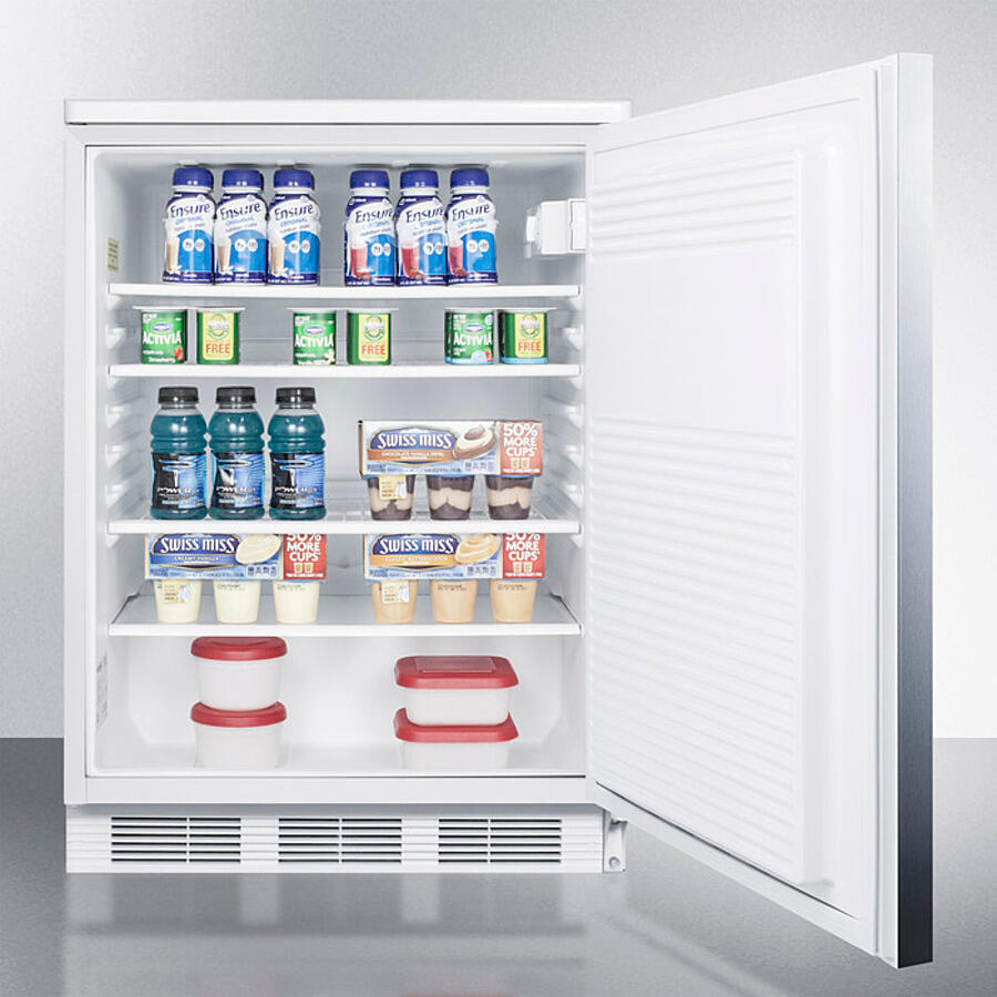 Summit FF7LWBISSHH Commercially Listed Built-In Undercounter All-Refrigerator For General Purpose Use, Auto Defrost W/Lock, Ss Door, Horizontal Handle, And White Cabinet