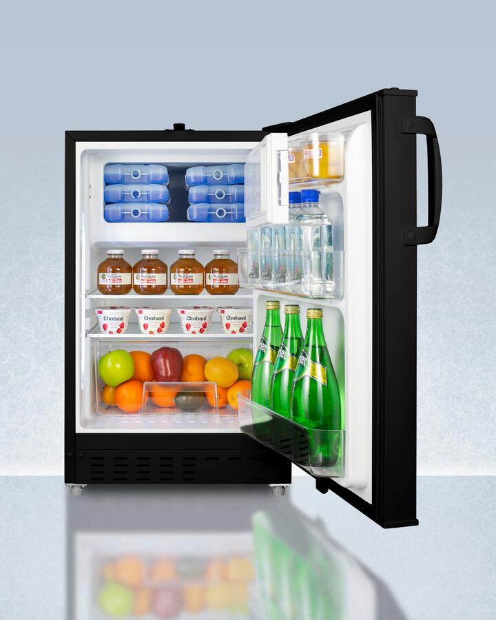 Summit ADA302BRFZ Built-In Undercounter, Ada Compliant Refrigerator-Freezer In Black, Designed For General Purpose Storage, Manual Defrost With Glass Shelves, Front Lock, And Door Storage