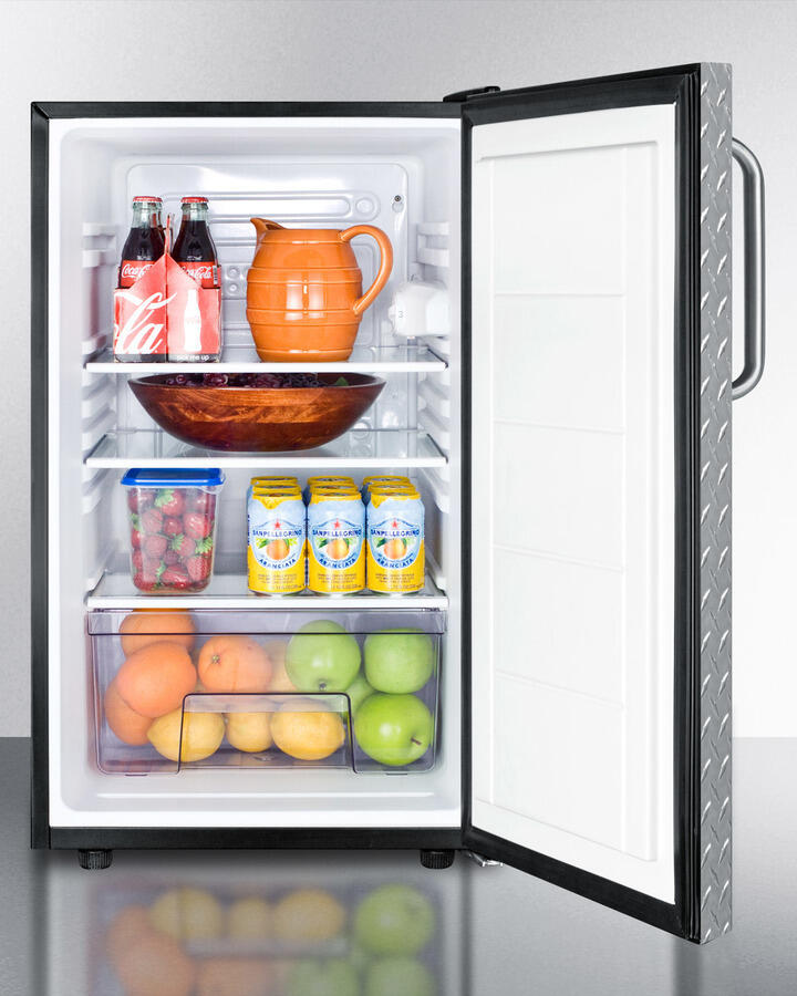 Summit FF521BLBI7DPLADA Commercially Listed Ada Compliant 20" Wide Built-In Undercounter All-Refrigerator, Auto Defrost With A Lock, Diamond Plate Wrapped Door And Black Cabinet