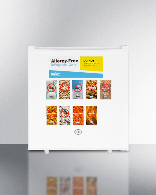 Summit AZAR2W Compact 1.7 Cu.Ft. All-Refrigerator In White Designed To Serve As An Allergy-Free Storage Zone, With Automatic Defrost, Front Lock, And A Set Of Allergy Warning Magnets