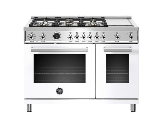 Bertazzoni PROF486GDFSBIT 48 Inch Dual Fuel Range, 6 Brass Burners And Griddle , Electric Self Clean Oven Bianco