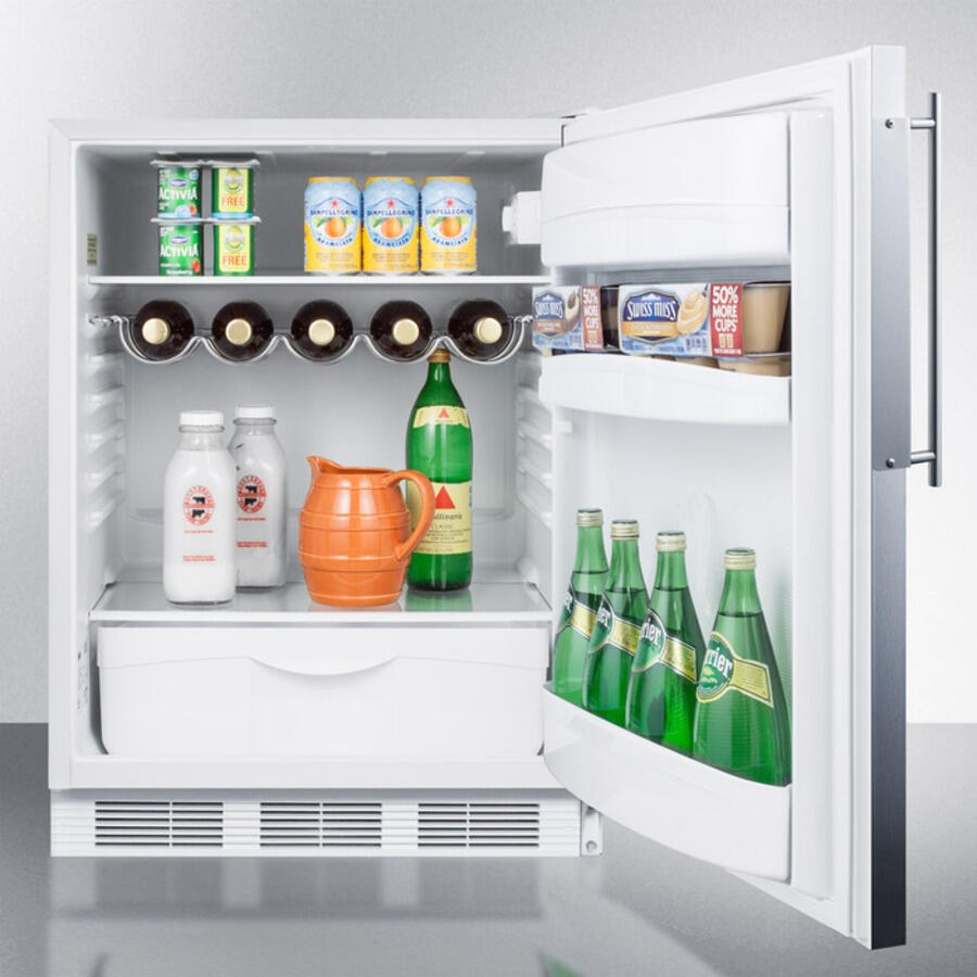 Summit FF61BIFRADA Ada Compliant Built-In Undercounter All-Refrigerator For Residential Use, Auto Defrost With Stainless Steel Door Frame For Slide-In Panels And White Cabinet