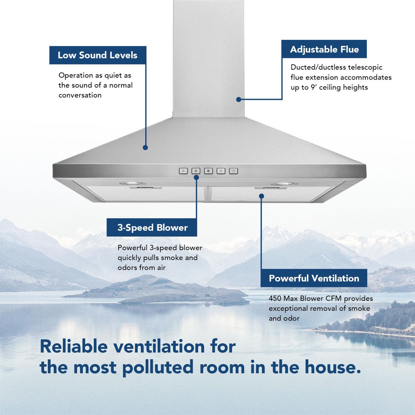 Broan BWP1304SS Broan® 30-Inch Convertible Wall-Mount Pyramidal Chimney Range Hood, 450 Max Cfm, Stainless Steel