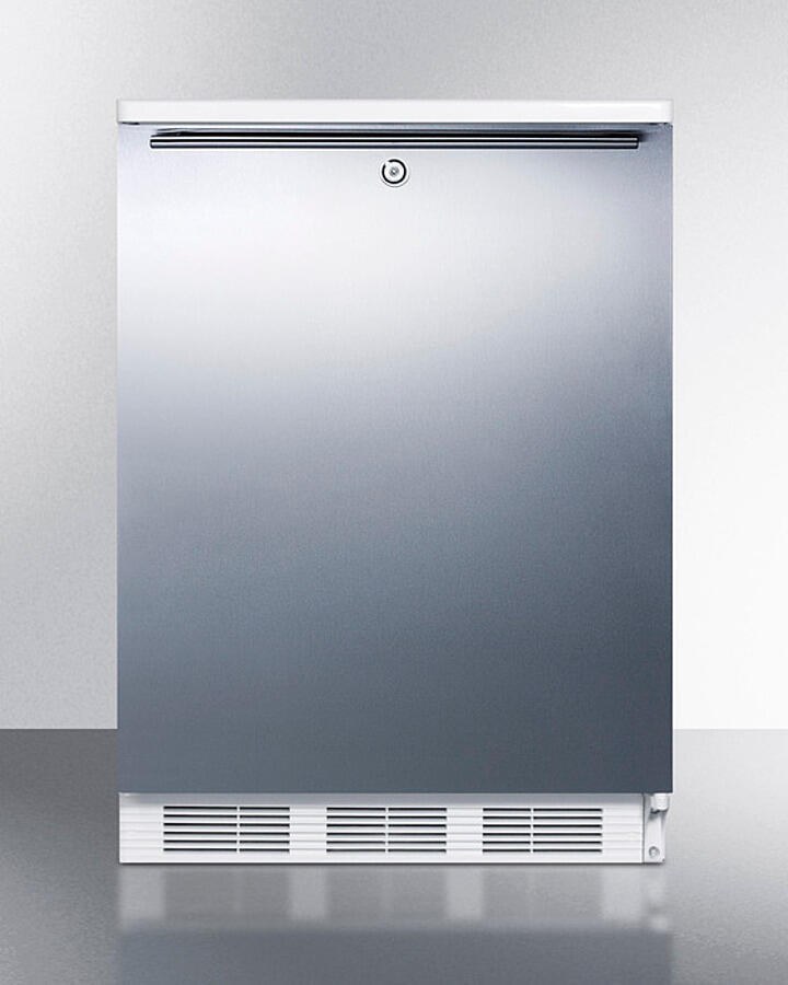 Summit FF7LWBISSHH Commercially Listed Built-In Undercounter All-Refrigerator For General Purpose Use, Auto Defrost W/Lock, Ss Door, Horizontal Handle, And White Cabinet