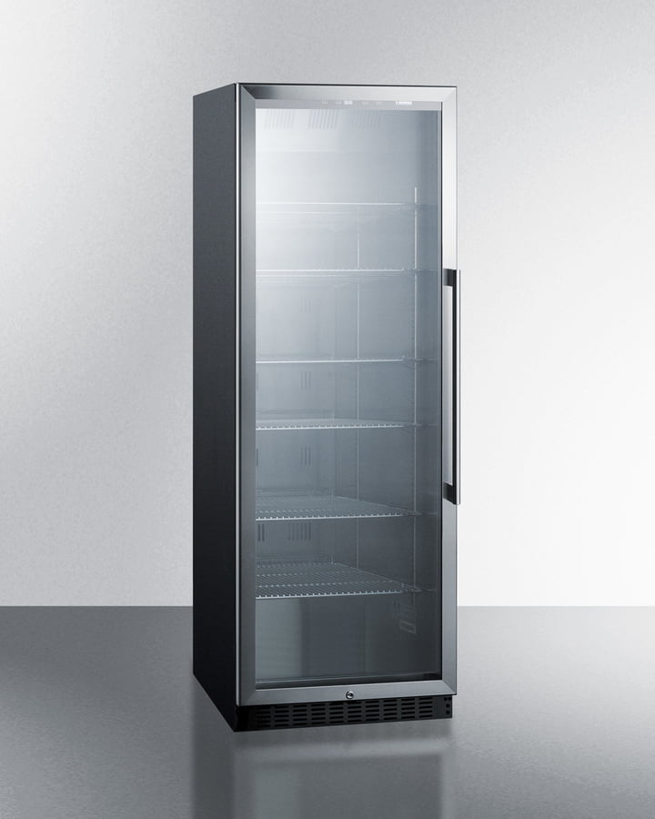 Summit SCR1401LH Full-Size Commercial Beverage Merchandiser Designed For The Display And Refrigeration Of Beverages And Sealed Food, With Stainless Steel Interior, Self-Closing Glass Door With A Left Hand Swing, And Black Cabinet