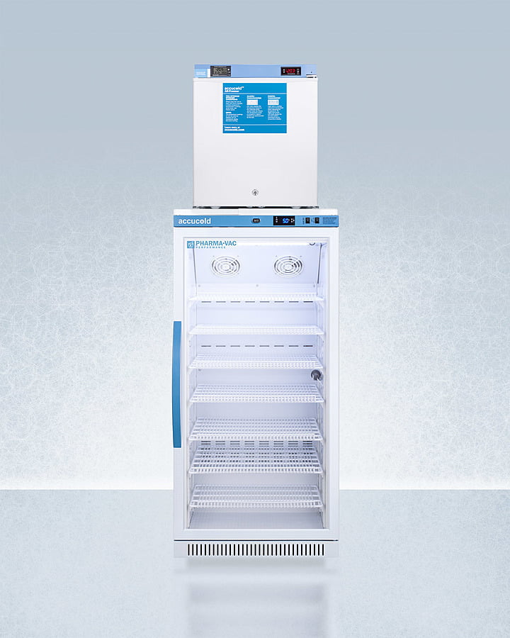 Summit ARG8PVFS24LSTACKMED2 Stacked Combination Of Arg8Pv All-Refrigerator With Antimicrobial Silver-Ion Handle And Hospital Grade Cord With 'Green Dot' Plug And Fs24Lmed2 Compact Manual Defrost All-Freezer For Vaccine Storage