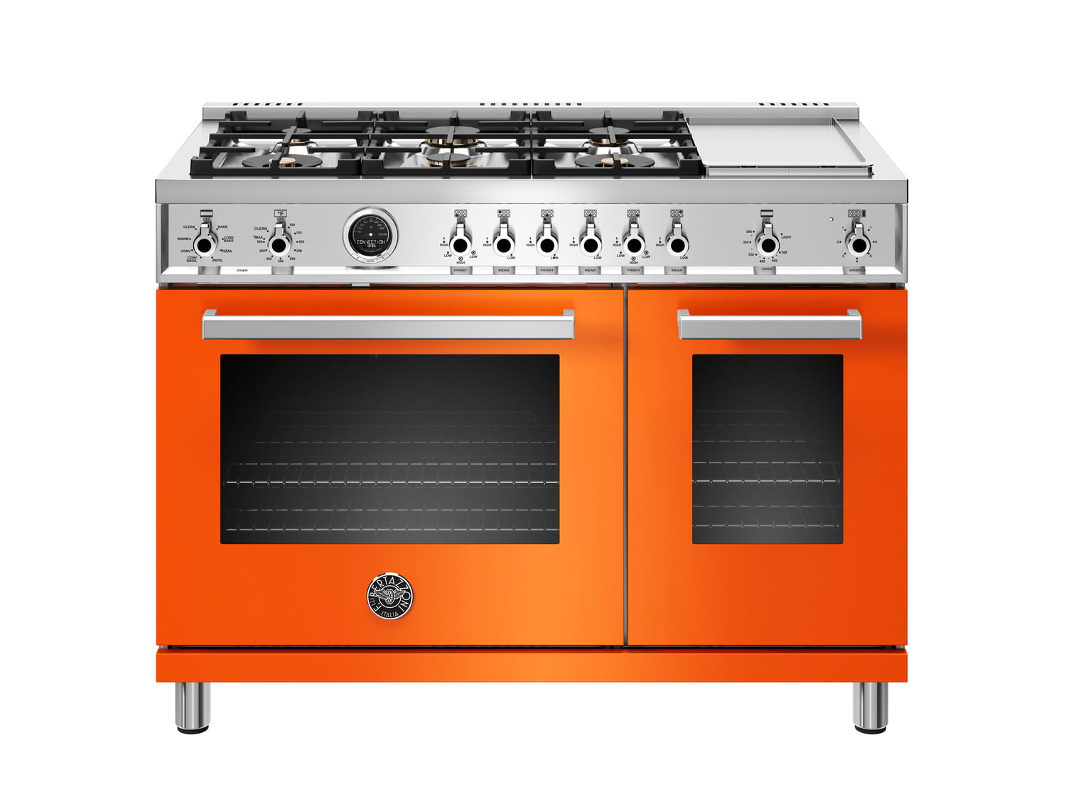 Bertazzoni PROF486GDFSART 48 Inch Dual Fuel Range, 6 Brass Burners And Griddle , Electric Self Clean Oven Arancio