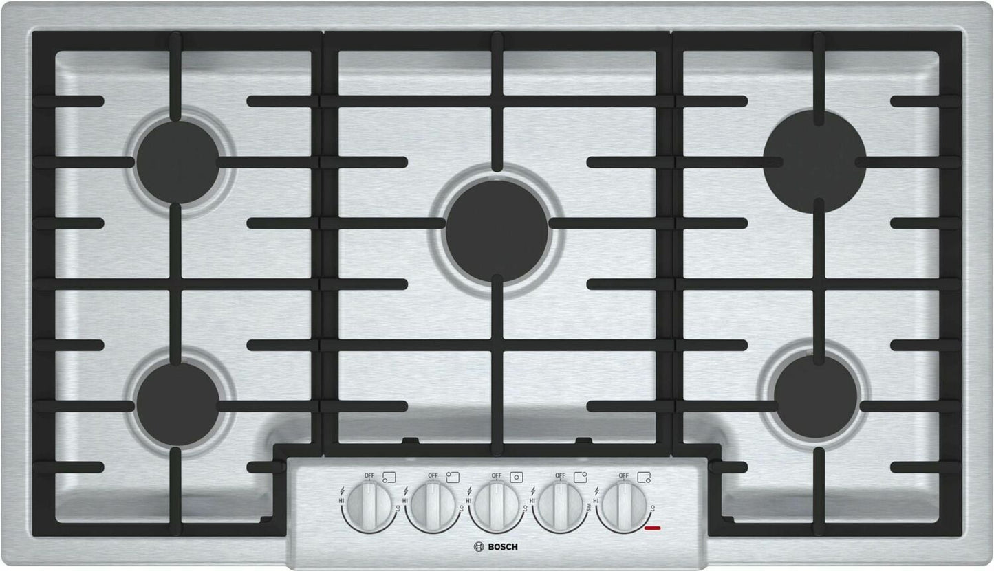 Bosch NGM8656UC 800 Series, 36" Gas Cooktop, 5 Burners, Stainless Steel