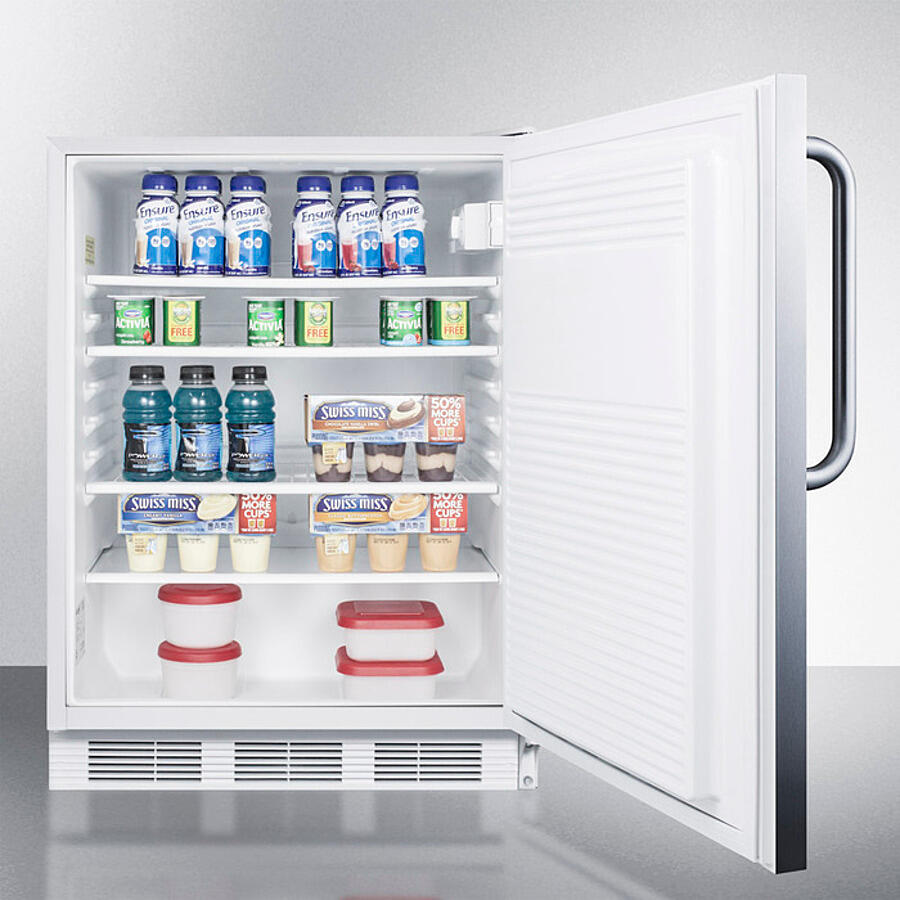 Summit FF7WSSTB Commercially Listed Freestanding All-Refrigerator For General Purpose Use, Auto Defrost W/Ss Wrapped Door, Towel Bar Handle, And White Cabinet