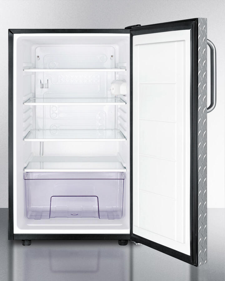 Summit FF521BLBI7DPLADA Commercially Listed Ada Compliant 20" Wide Built-In Undercounter All-Refrigerator, Auto Defrost With A Lock, Diamond Plate Wrapped Door And Black Cabinet