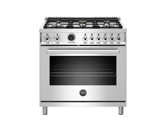 Bertazzoni PROF366DFSXT 36 Inch Dual Fuel Range, 6 Brass Burner, Electric Self-Clean Gray
