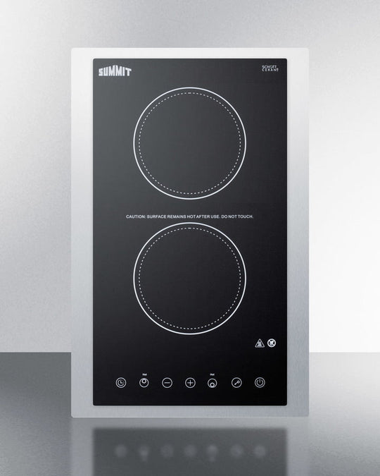 Summit CR2B15T1BTK15 115V 2-Burner Cooktop In Black Ceramic Schott Glass With Digital Touch Controls And Stainless Steel Frame To Allow Installation In 15" Wide Counter Cutouts