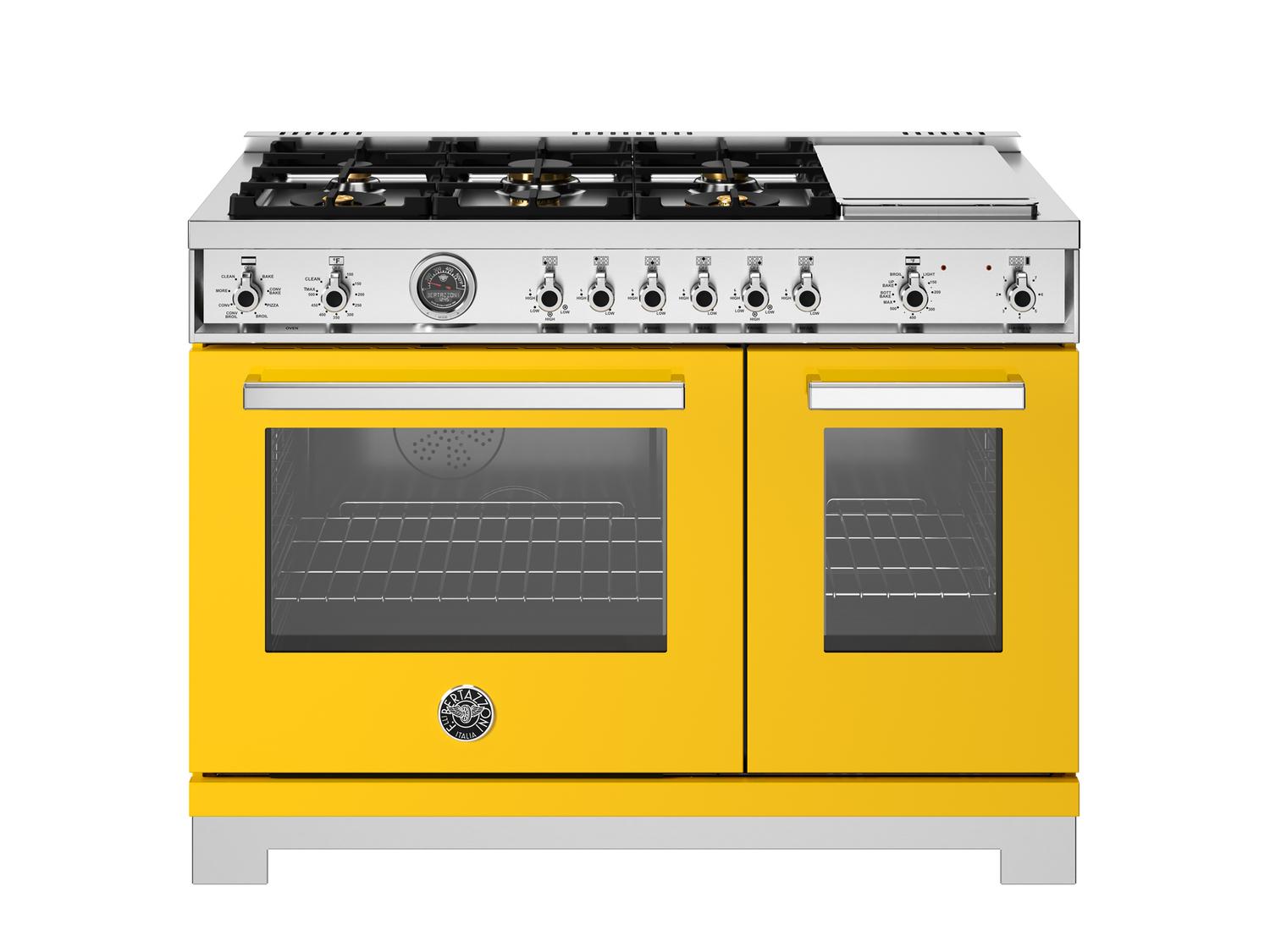 Bertazzoni PRO486BTFEPGIT 48 Inch Dual Fuel Range, 6 Brass Burners And Griddle, Electric Self-Clean Oven Giallo