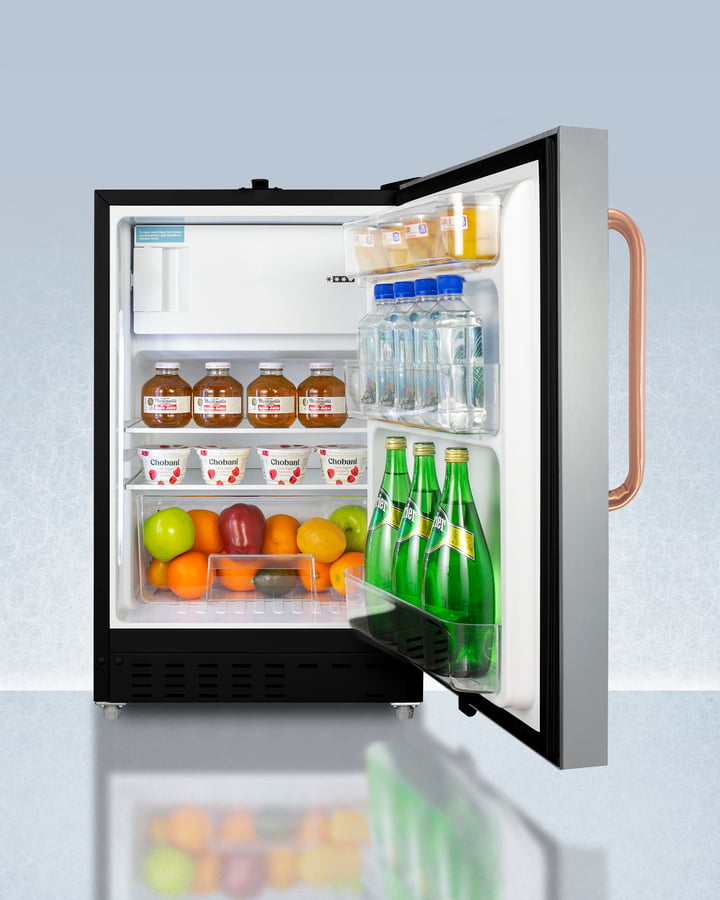 Summit ADA302BRFZSSTBC Built-In Undercounter, Ada Compliant Refrigerator-Freezer Designed For General Purpose Storage, With A Stainless Steel Door, Pure Copper Towel Bar Handle, Manual Defrost Operation, And Front Lock