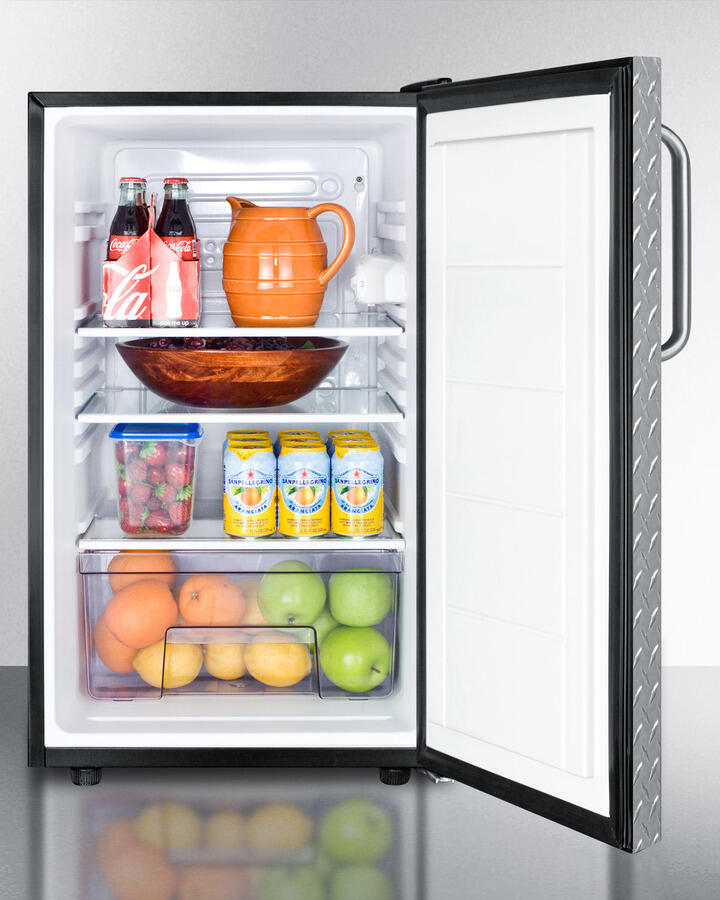 Summit FF521BLBI7DPL Commercially Listed 20" Wide Built-In Undercounter All-Refrigerator, Auto Defrost With A Lock, Diamond Plate Wrapped Door And Black Cabinet