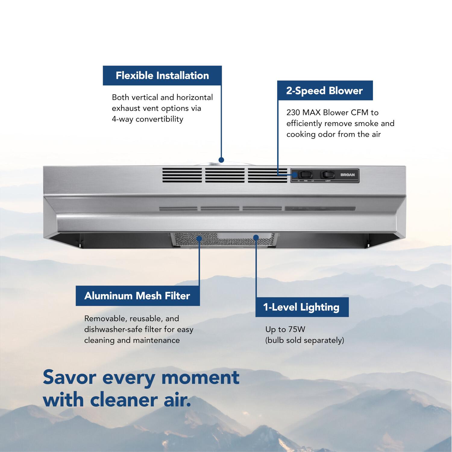Broan F4030SF Broan® 30-Inch Convertible Under-Cabinet Range Hood, Stainless Finish With Printguard™, 230 Max Blower Cfm