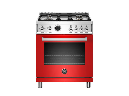 Bertazzoni PROF304DFSROT 30 Inch Dual Fuel Range, 4 Brass Burner, Electric Self-Clean Oven Rosso