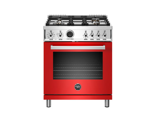Bertazzoni PROF304DFSROT 30 Inch Dual Fuel Range, 4 Brass Burner, Electric Self-Clean Oven Rosso