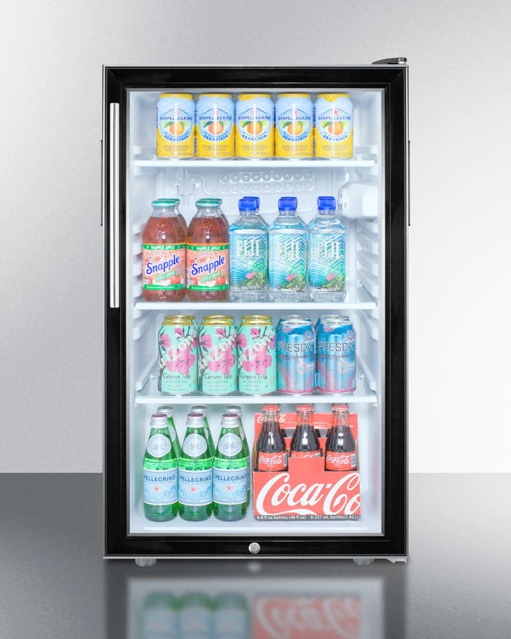 Summit SCR500BL7HV Commercially Listed 20" Wide Glass Door All-Refrigerator For Freestanding Use, Auto Defrost With A Lock, Thin Handle, And Black Cabinet