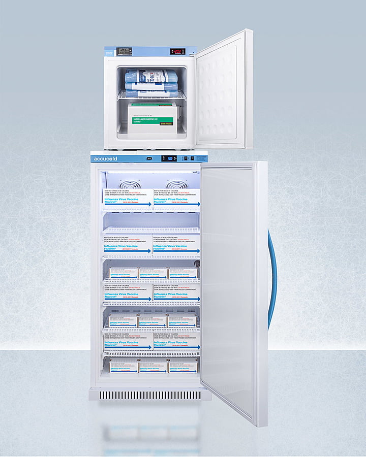 Summit ARS8PVFS24LSTACKMED2 Stacked Combination Of Ars8Pv All-Refrigerator With Antimicrobial Silver-Ion Handle And Hospital Grade Cord With 'Green Dot' Plug And Fs24Lmed2 Compact Manual Defrost All-Freezer For Vaccine Storage