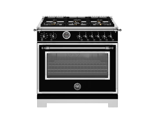 Bertazzoni HER366BCFEPNET 36 Inch Dual Fuel Range, 6 Brass Burner And Cast Iron Griddle, Electric Self-Clean Oven Nero Matt