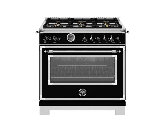 Bertazzoni HER366BCFEPNET 36 Inch Dual Fuel Range, 6 Brass Burner And Cast Iron Griddle, Electric Self-Clean Oven Nero Matt