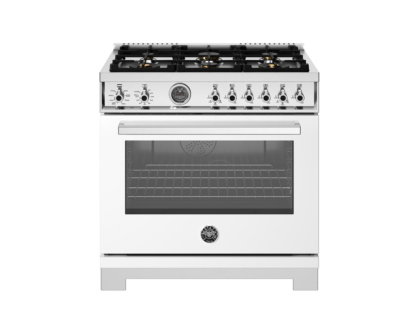 Bertazzoni PRO366BCFEPBIT 36 Inch Dual Fuel Range, 6 Brass Burners And Cast Iron Griddle, Electric Self-Clean Oven Bianco