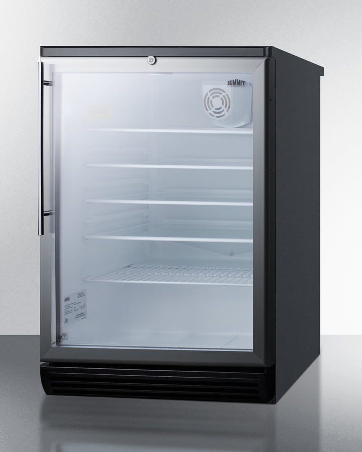 Summit SCR600BGLHV Commercially Listed 5.5 Cu.Ft. Counter Height Beverage Center In A 24" Footprint, With Black Cabinet, Glass Door, Thin Stainless Steel Handle, And Lock
