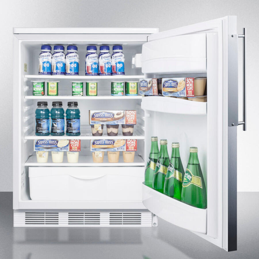 Summit FF6BI7FR Commercially Listed Built-In Undercounter All-Refrigerator For General Purpose Use, Auto Defrost W/Ss Door Frame For Slide-In Panels And White Cabinet