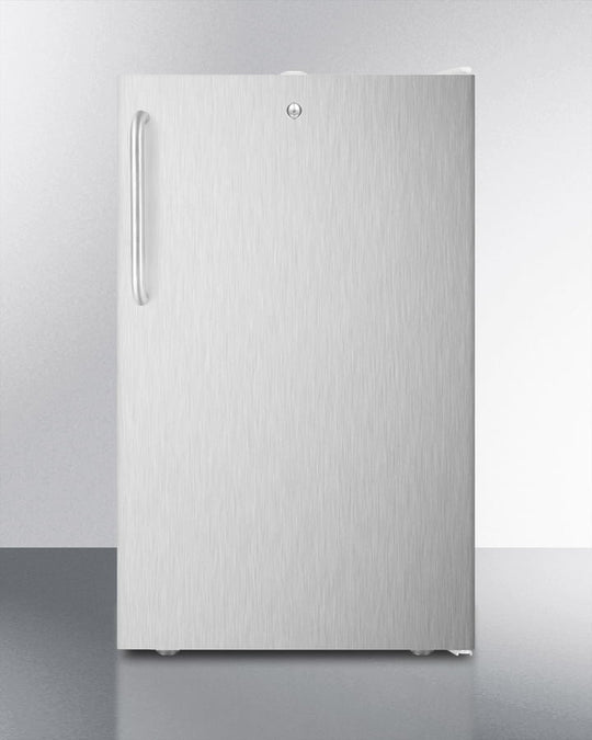 Summit FF511LBISSTB 20" Wide Built-In Undercounter All-Refrigerator For General Purpose Use, Auto Defrost With A Lock, Stainless Steel Door, Towel Bar Handle And White Cabinet