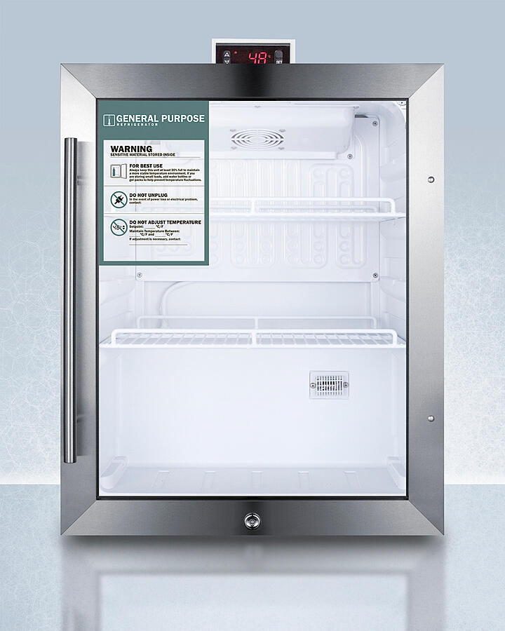 Summit SCR314LDTGP General Purpose Commercially Approved All-Refrigerator With A Reversible Glass Door, Black Cabinet, Front Lock, And Digital Thermostat