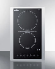 Summit CR2B23T3BTK15 230V 2-Burner Cooktop In Black Ceramic Schott Glass With Digital Touch Controls And Stainless Steel Frame To Allow Installation In 15