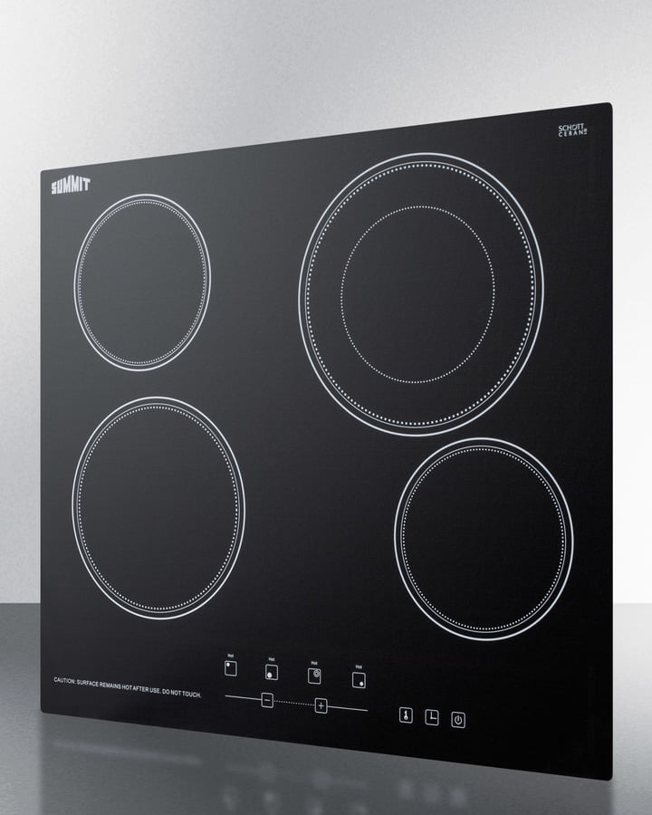 Summit CR4B23T5B 230V 4-Burner Cooktop In Black Ceramic Schott Glass With Digital Touch Controls And An Extra Large 8