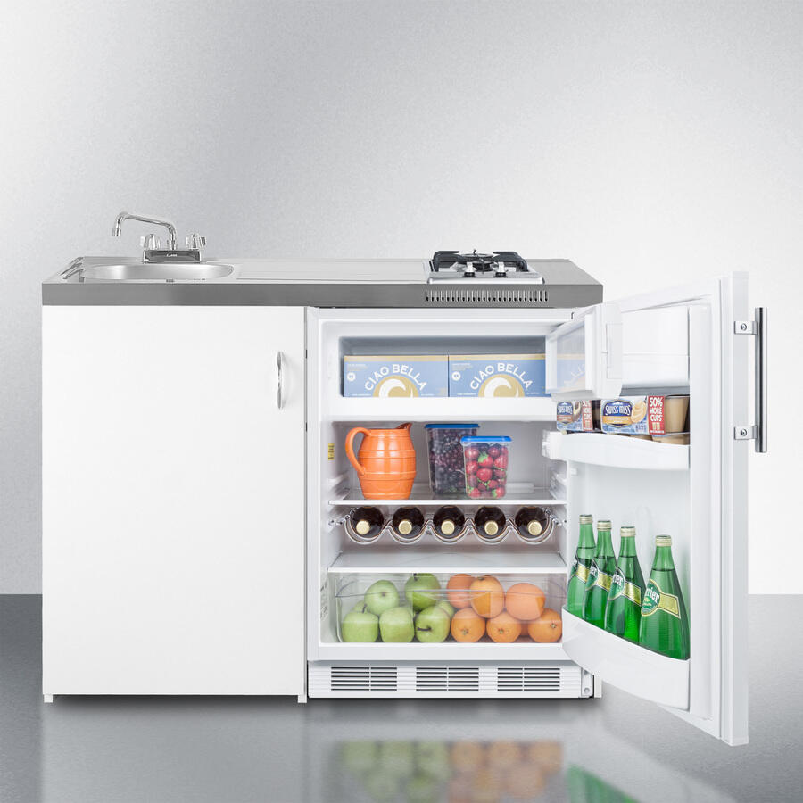 Summit C48GAS 48" Wide All-In-One Kitchenette With 2-Burner Gas Cooktop, Cycle Defrost Refrigerator-Freezer, Sink, And Storage Cabinet