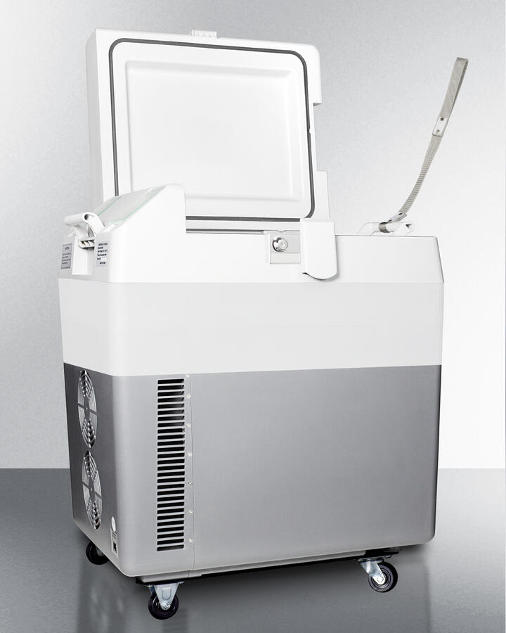Summit SPRF36M2 Portable 12V/24V Cooler Capable Of Operation As Refrigerator (2-8(Degree)C) Or Freezer (-15(Degree)C), With Factory-Installed Lock, Strap Handle, And Four Pre-Installed Wheels