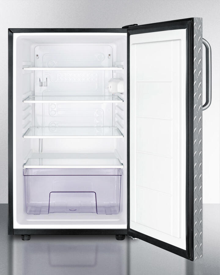 Summit FF521BLBI7DPL Commercially Listed 20" Wide Built-In Undercounter All-Refrigerator, Auto Defrost With A Lock, Diamond Plate Wrapped Door And Black Cabinet