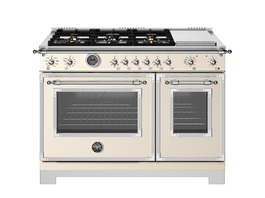 Bertazzoni HER486BTFEPAVT 48 Inch Dual Fuel Range, 6 Brass Burners And Griddle, Electric Self-Clean Oven Avorio
